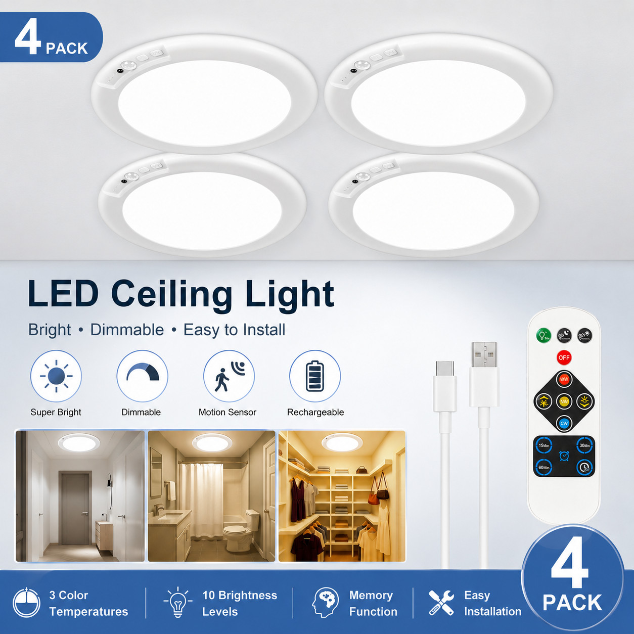 Motion Sensor Light - GMOX 4-Pack Rechargeable Motion Sensor Ceiling